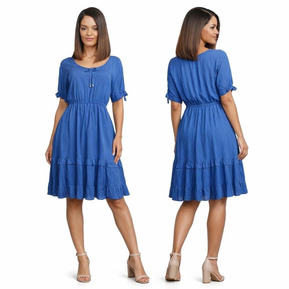Tiered Drawstring Waist Blue Dress